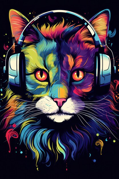 A beautiful head cat is wearing headphones