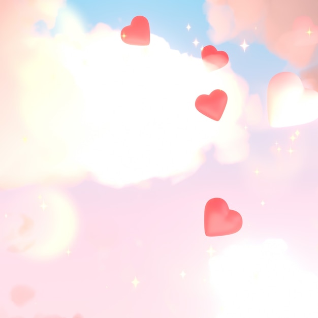 Beautiful hearts in the pastel sky with glowing lights and glitters 3d rendered picture