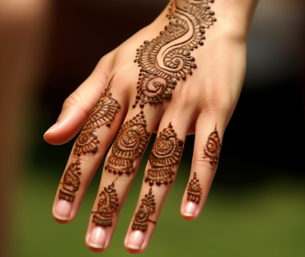 A beautiful henna design adorning a womans hand