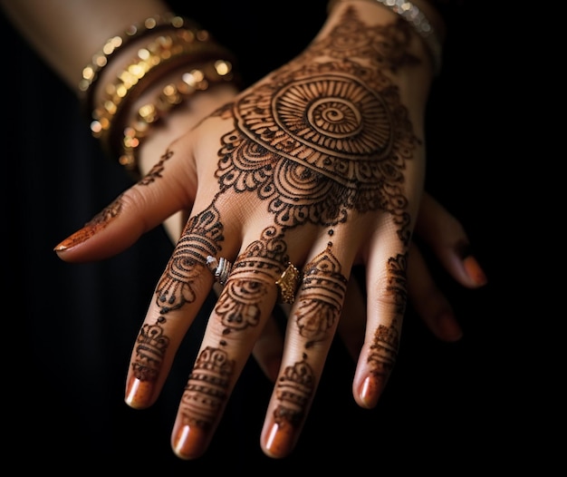 A beautiful henna design adorning a womans hand