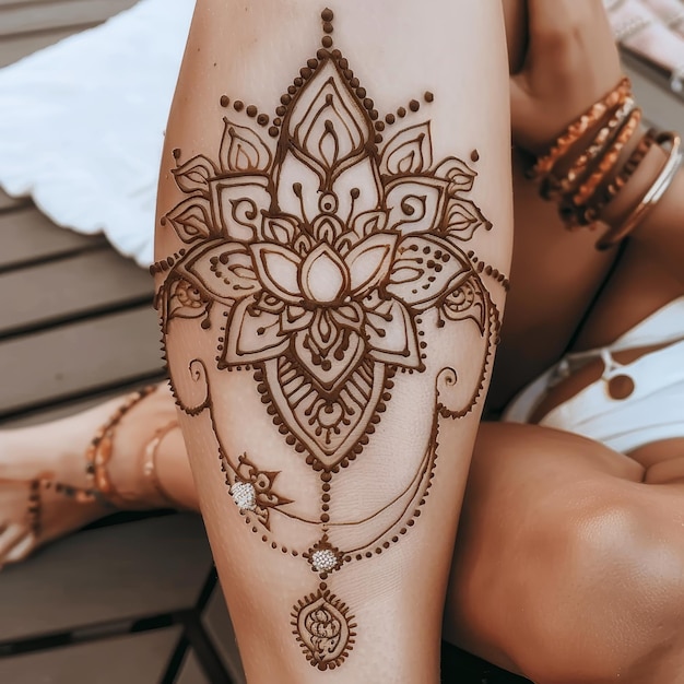 Photo beautiful henna tattoo on the body of a young woman