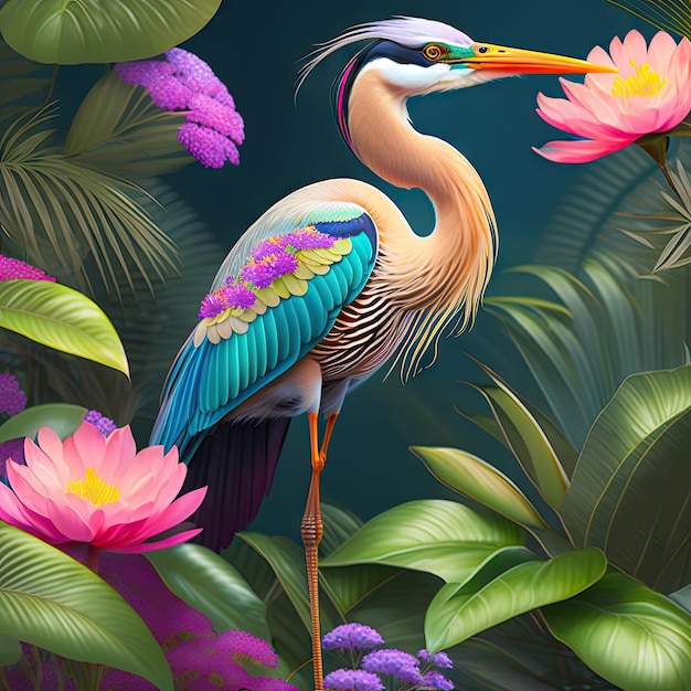 Beautiful Heron in exotic jungle full of tropical leaves and large flowers