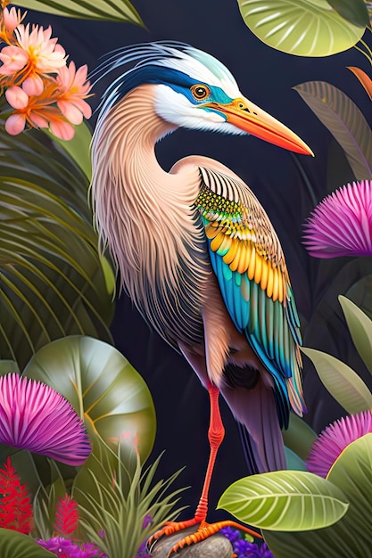 Beautiful Heron in exotic jungle full of tropical leaves and large flowers