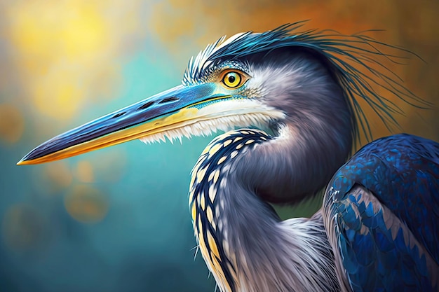 Beautiful heron with bright blue feathers and yellow beak in sun generative ai