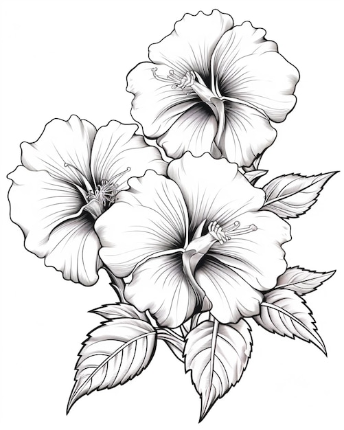 Beautiful hibiscus flowers outline drawing coloring book AI Generated Image