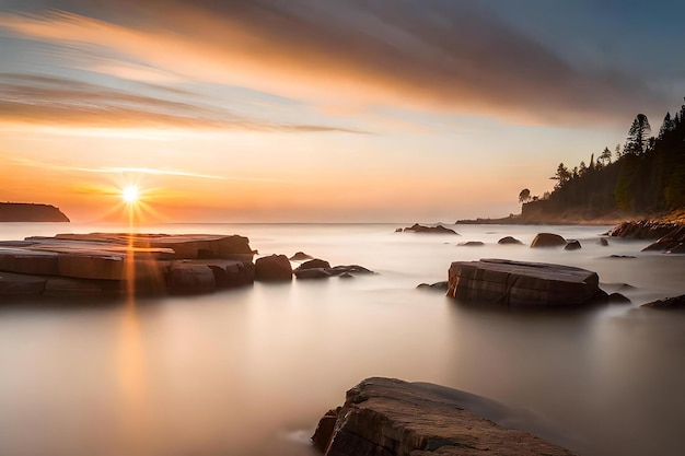 Beautiful high angle shot in a rippling sea under an orangepink sky at sunset