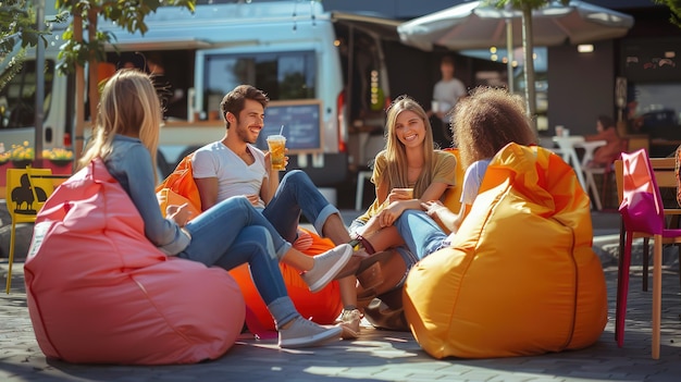 Beautiful Hipster friends by camper van at festival