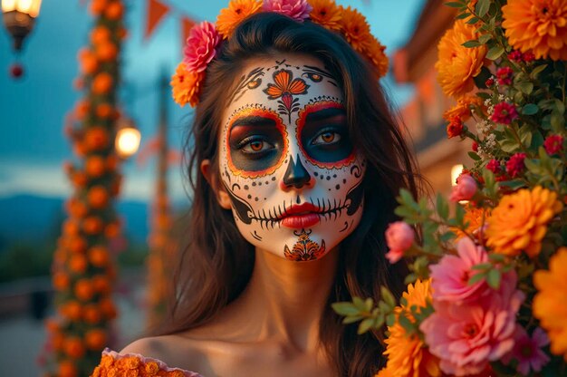 Photo beautiful hispanic young woman model with dia de los muertos or halloween makeup