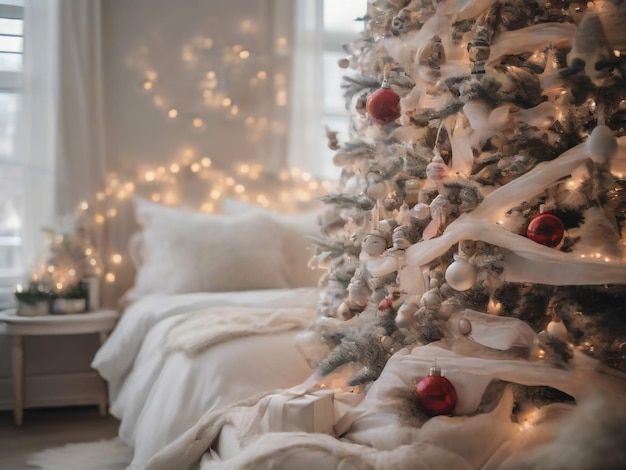 Beautiful holdiay decorated room with Christmas tree with presents under i