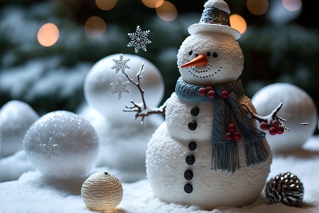 Beautiful holiday decorations including a snowman are displayed