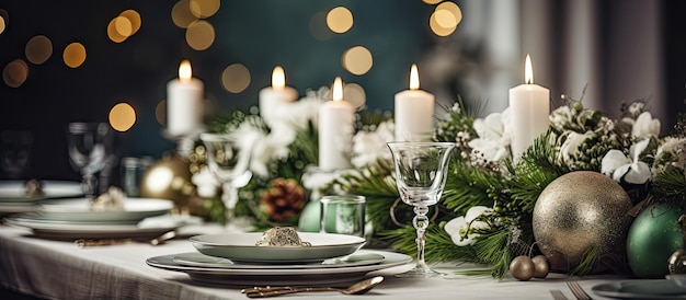 Beautiful holiday table decor featuring green and white accents