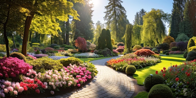 Beautiful home garden or park in summer scenery of upscale landscaped house backyard Scenic view of tiled path flowers and green plants Concept of landscaping nature luxury design yard Generative AI