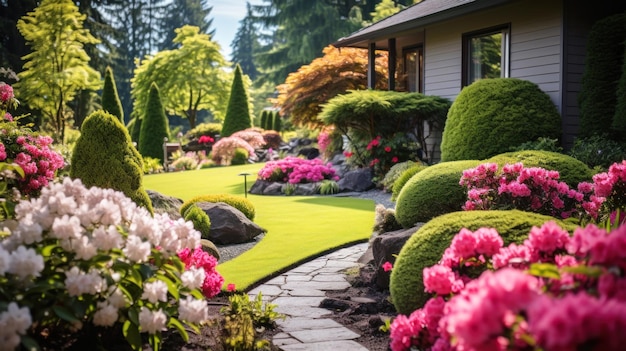 Beautiful home garden in summer luxury landscaped backyard Scenic view of flowers trimmed bushes green plants and rocks Concept of house landscaping nature upscale design yard Generative AI