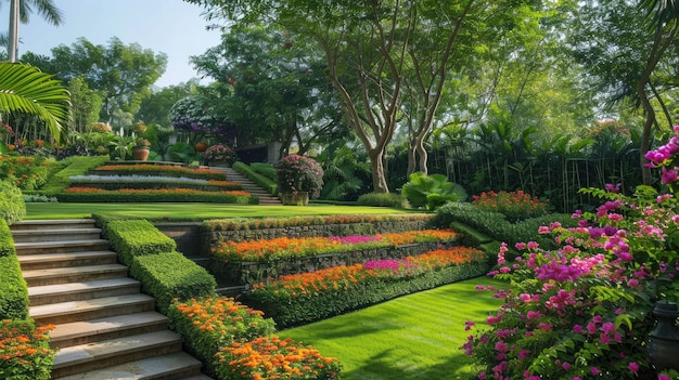 Beautiful home garden with terraces and path design of landscaped backyard stone retaining walls in summer Concept of landscaping plant flower nature