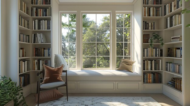 A beautiful home library with a large window seat perfect for relaxing and reading