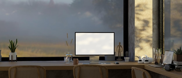 Beautiful home working room interior design with shadow lights computer mockup