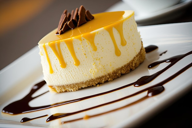 A beautiful homemade cheesecake in close up on a white platter