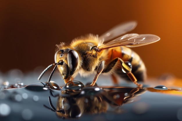 Beautiful honey bee with realistic body macro view Honey collector bee sucking honey drops Bee on the honey surface collecting sweet honey Honey bee with realistic fur and wings Generative AI