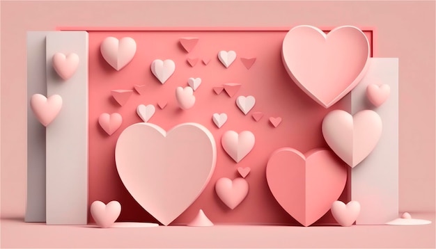 Beautiful horizontal banner with pastel pink tones paper texture decorated with hearts wedding background Copy space Happy Valentine39s Day template Pastel colors AI generated