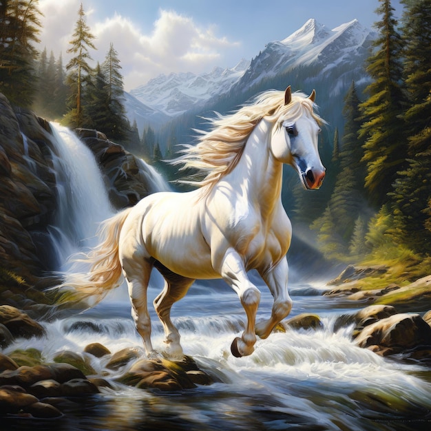 beautiful horse running in a stream of water