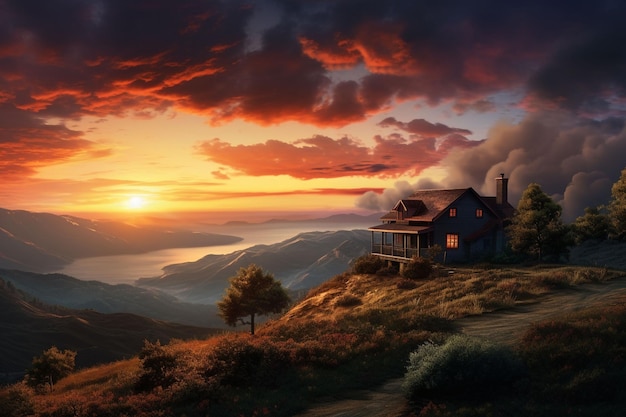 Beautiful house in the mountains at sunrise View from the top of the mountain ai generated