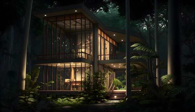 A beautiful house in tropical modernism style in a forest generative aiA beautiful house in tropical modernism style in a forest generative ai