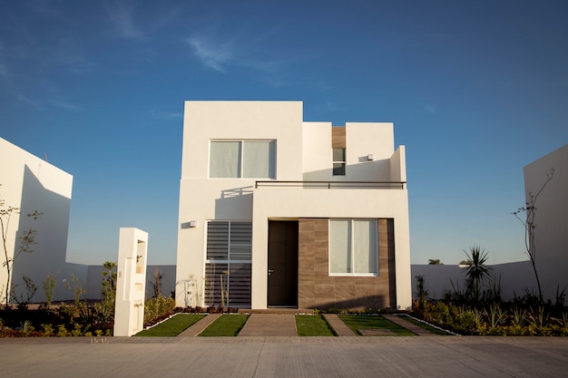 Beautiful house with minimalist architecture, sunny day