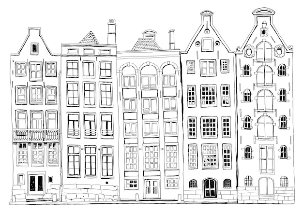 Photo beautiful houses in amsterdam painted in sketch style with black and white graphics suitable for print postcard sketchbook cover poster stickers your design