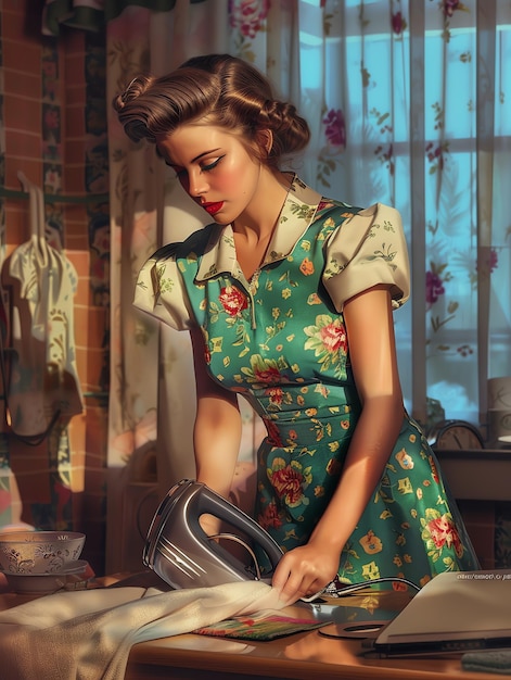 Beautiful A housewife ironing clothes with a retro iron housewife from 1950 theme illustration