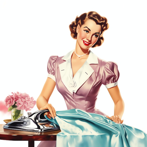 Beautiful A housewife ironing clothes with a retro iron housewife from 1950 theme