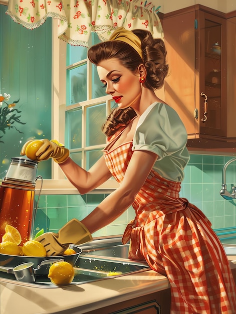 Photo beautiful a housewife polishing furniture with lemon oil housewife from 1950 theme illustration