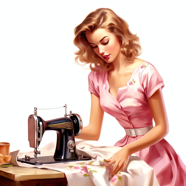 Beautiful A housewife sewing on a vintage sewing machine housewife from 1950 theme