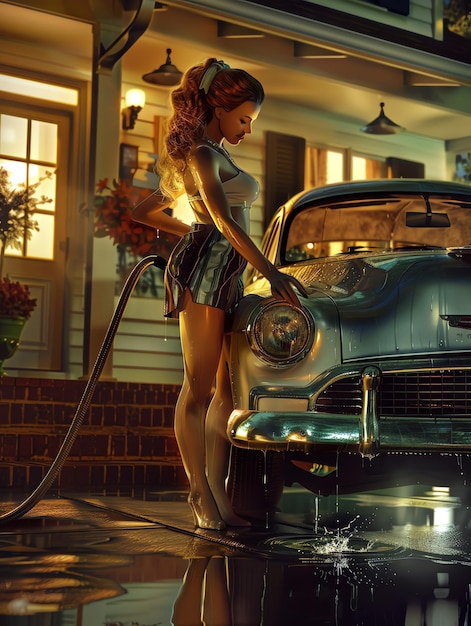 Beautiful A housewife washing a classic car housewife from 1950 theme illustration photo