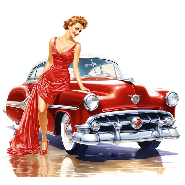 Beautiful A housewife washing a classic car housewife from 1950 theme illustration