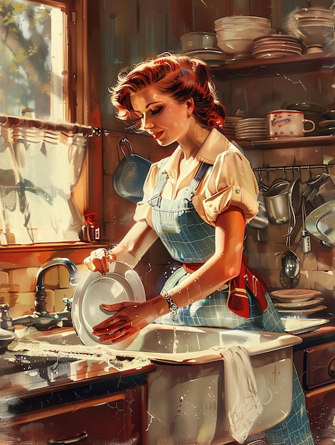 Beautiful A housewife washing dishes by hand in a farmhouse sink housewife from 1950 theme photo