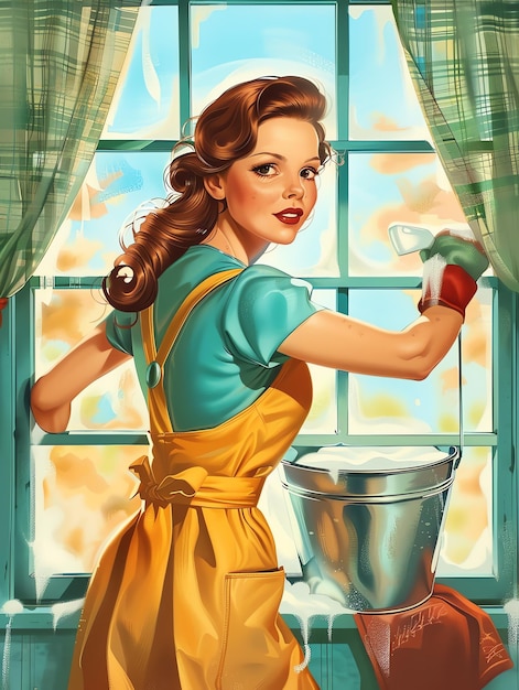 Photo beautiful a housewife washing windows with a bucket and sponge housewife from 1950 theme photo