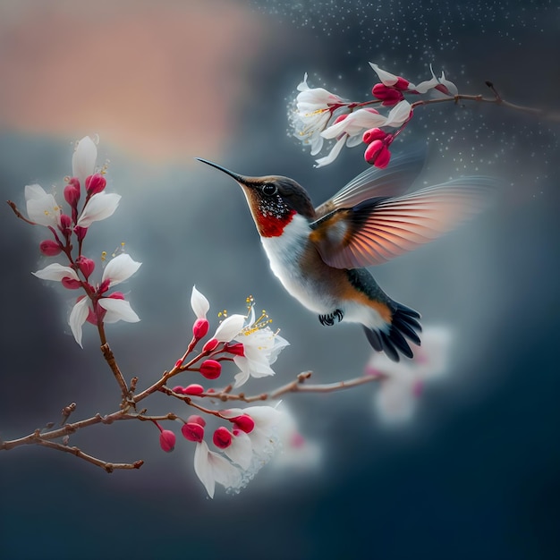 A beautiful hummingbird hovering at a branch gentle misty air white red cherry blossom