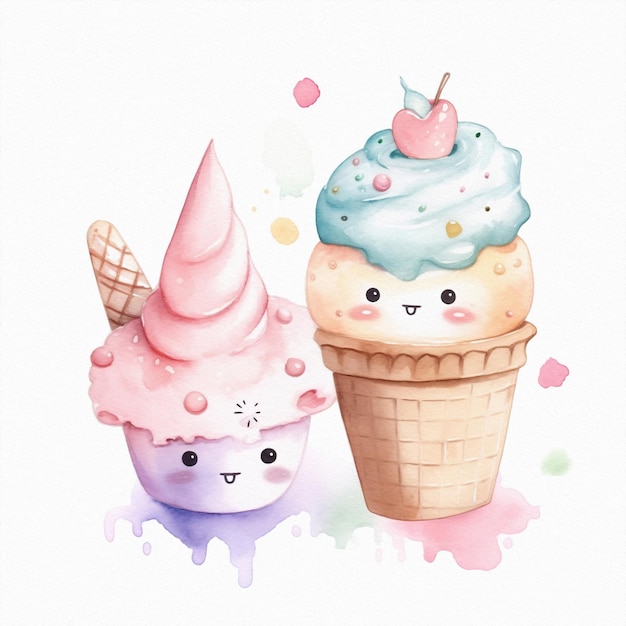 Beautiful ice cream pastel colors flowers watercolor illustration