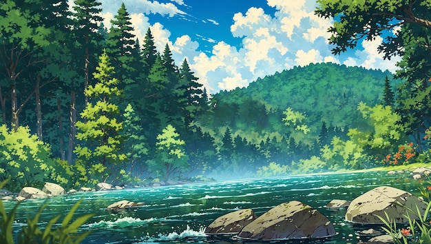 Beautiful illustration artwork of a river stream with a forest landscape