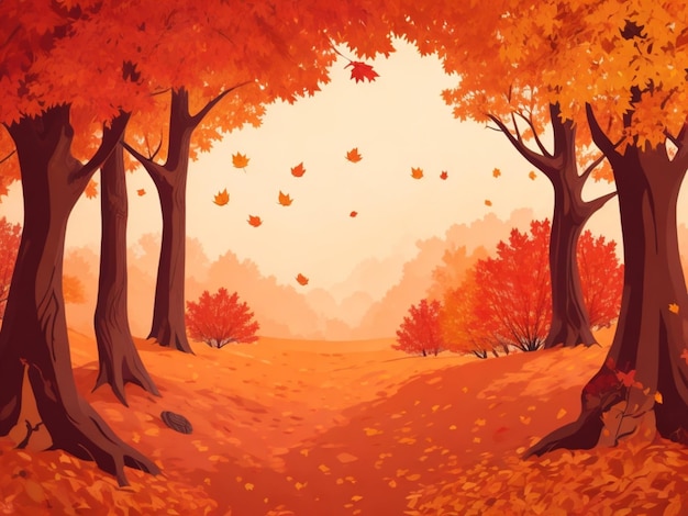 A beautiful illustration of an autumn forest with trees and leaves