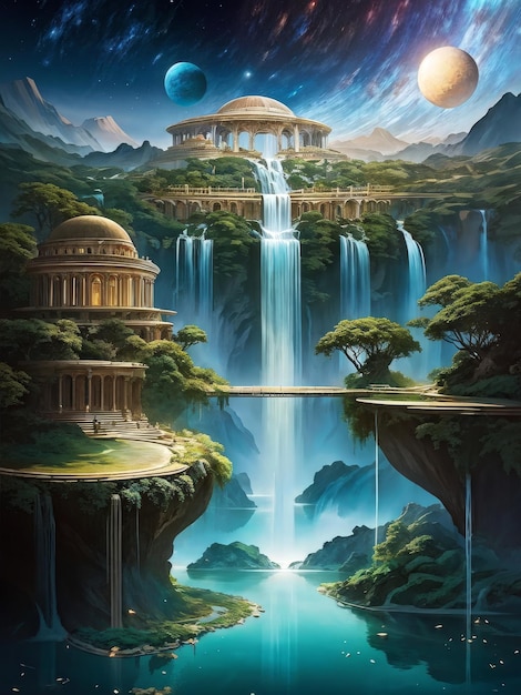 a beautiful illustration of a beautiful landscape with a waterfall and a fountain beautiful ill