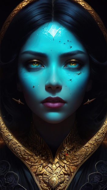 beautiful illustration of beautiful woman with blue and gold accents