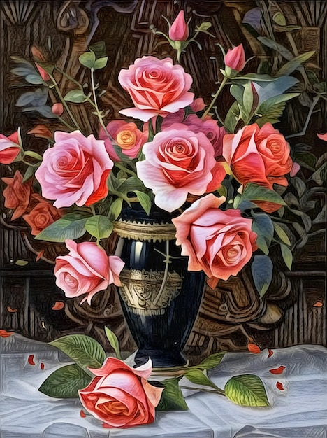 Beautiful illustration of Black Vase and Pink Roses