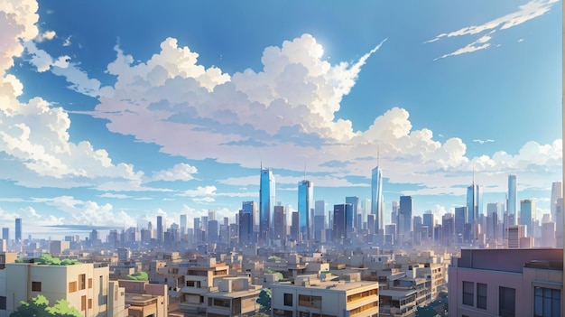 Beautiful illustration of cityscape under blue sky anime style for wallpaper