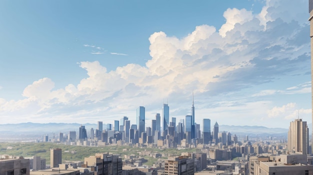 Beautiful illustration of cityscape under blue sky anime style for wallpaper