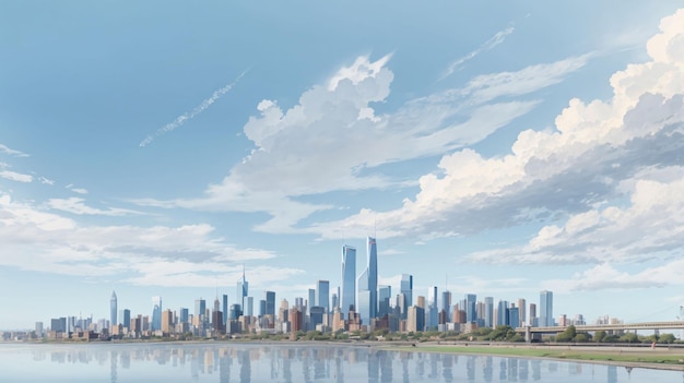 Beautiful illustration of cityscape under blue sky anime style for wallpaper