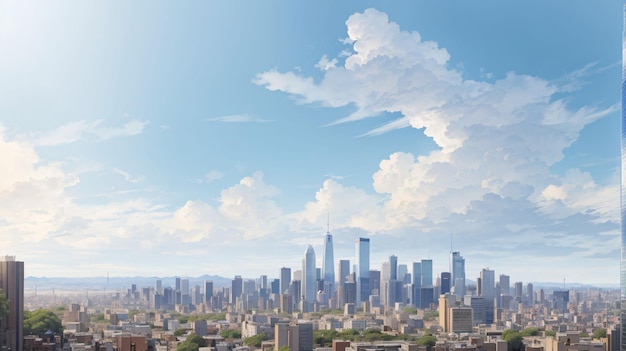 Beautiful illustration of cityscape under blue sky anime style for wallpaper