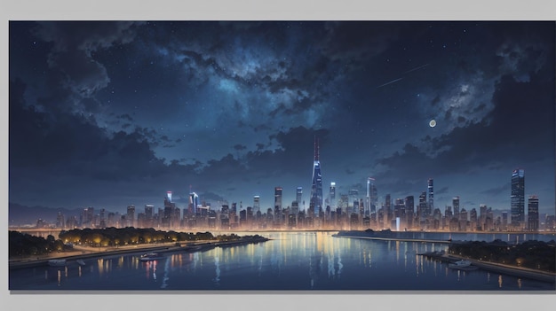 Beautiful illustration of cityscape under dark blue sky at night anime style for wallpaper