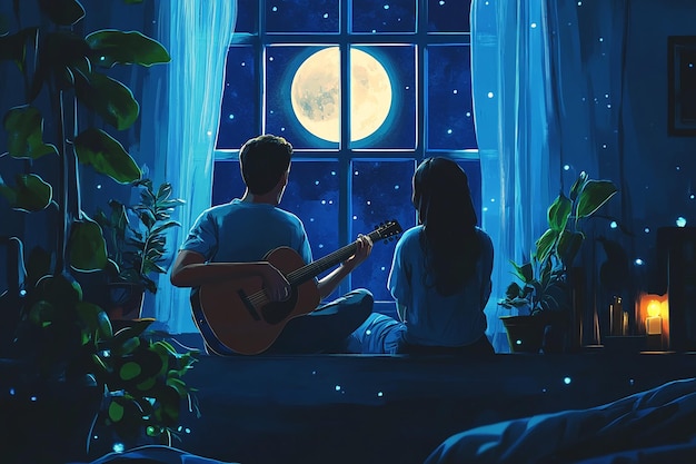 Photo beautiful illustration of a couple by a window at night with one playing acoustic guitar