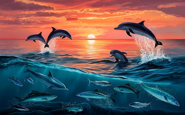 Beautiful illustration of dolphins jumping against a sunset background